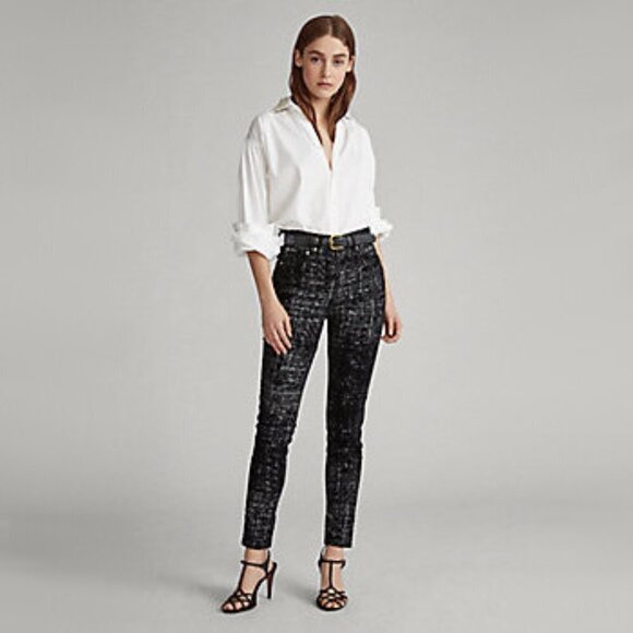 NWT Polo Ralph Lauren skinny high rise ankle black velvet-like glitter jeans - Picture 1 of 16